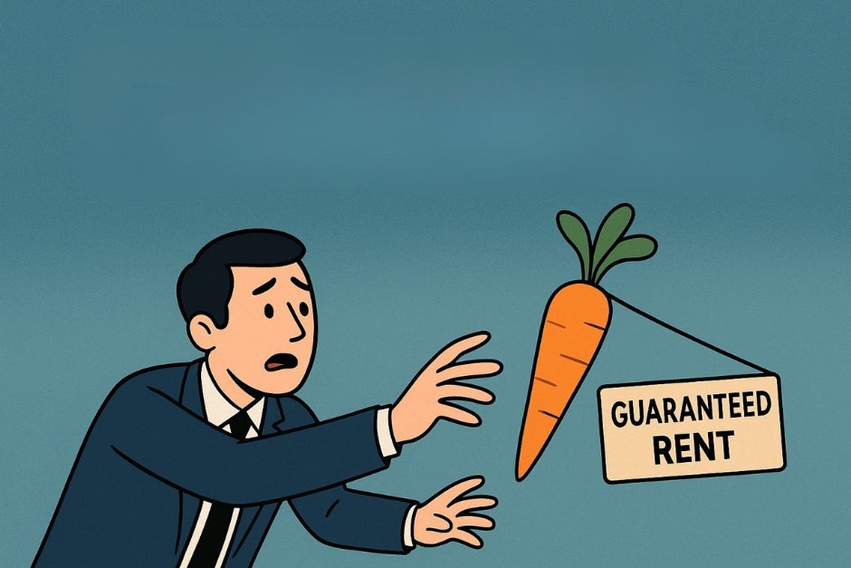 Illustration of investor being tempted by Rental guarantees in property investment bait