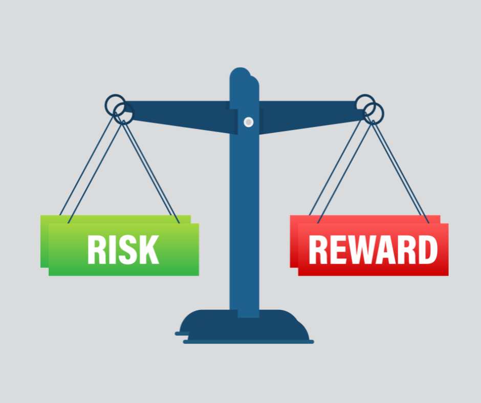 Illustration of a balance scale showing “Risk” on one side and “Reward” on the other, representing the trade-off in property investment.