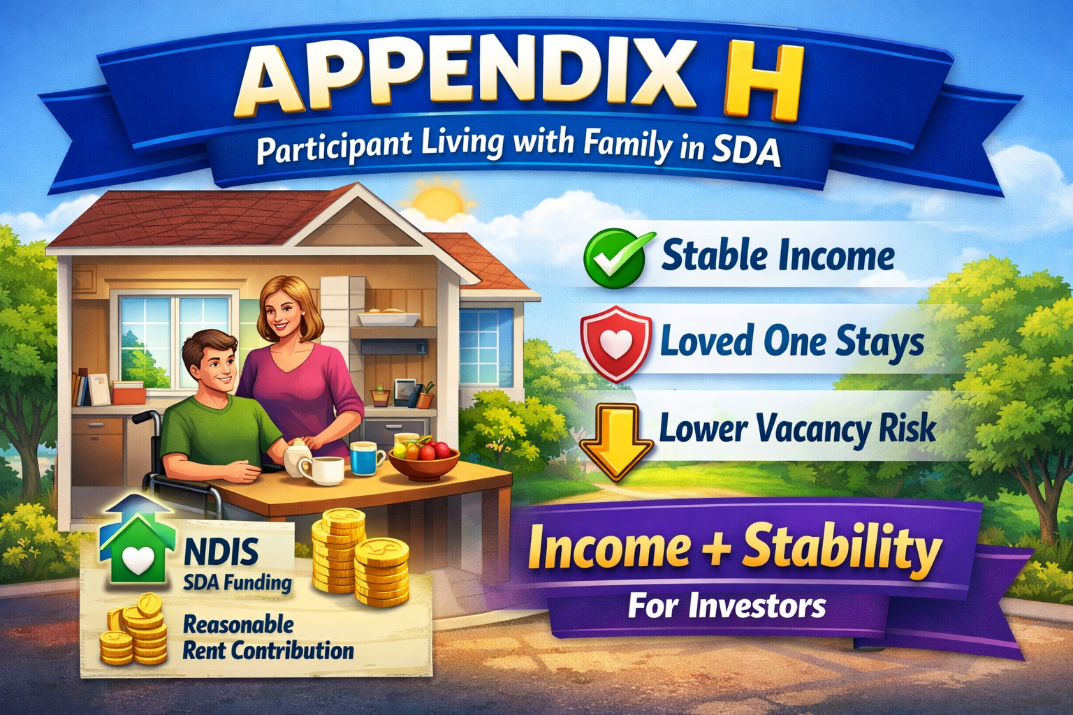Appendix H SDA infographic showing participant living with family, NDIS SDA funding, reasonable rent contribution, and stable income for investors, reducing vacancy risk.