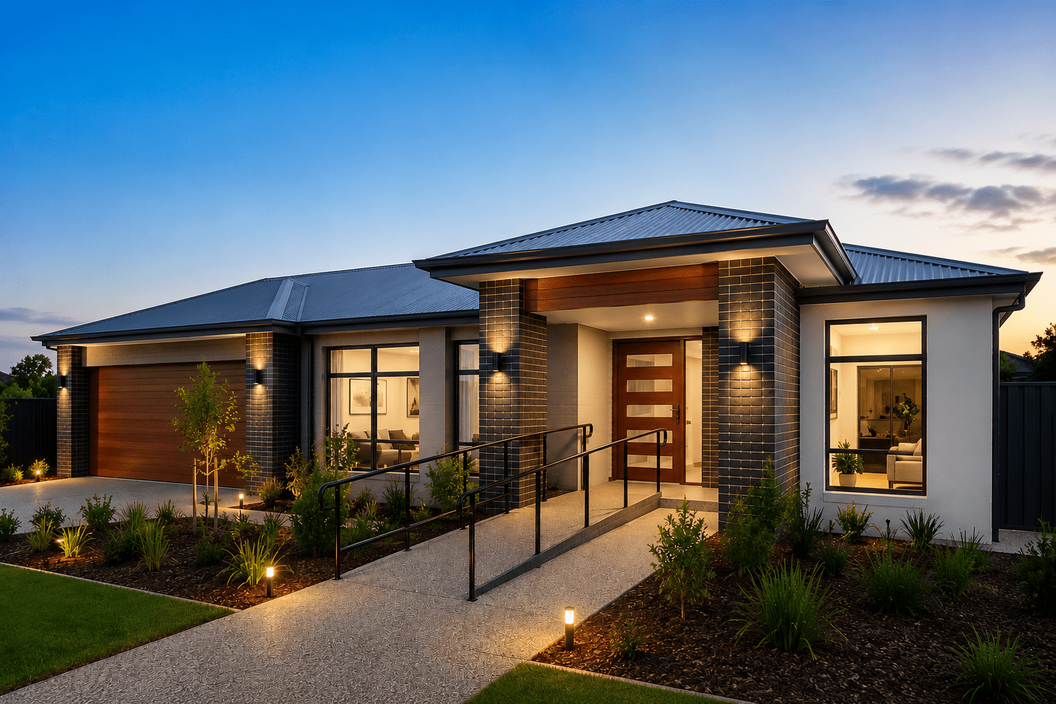 Modern accessible home representing NDIS SDA property investment with ramp and warm lighting.