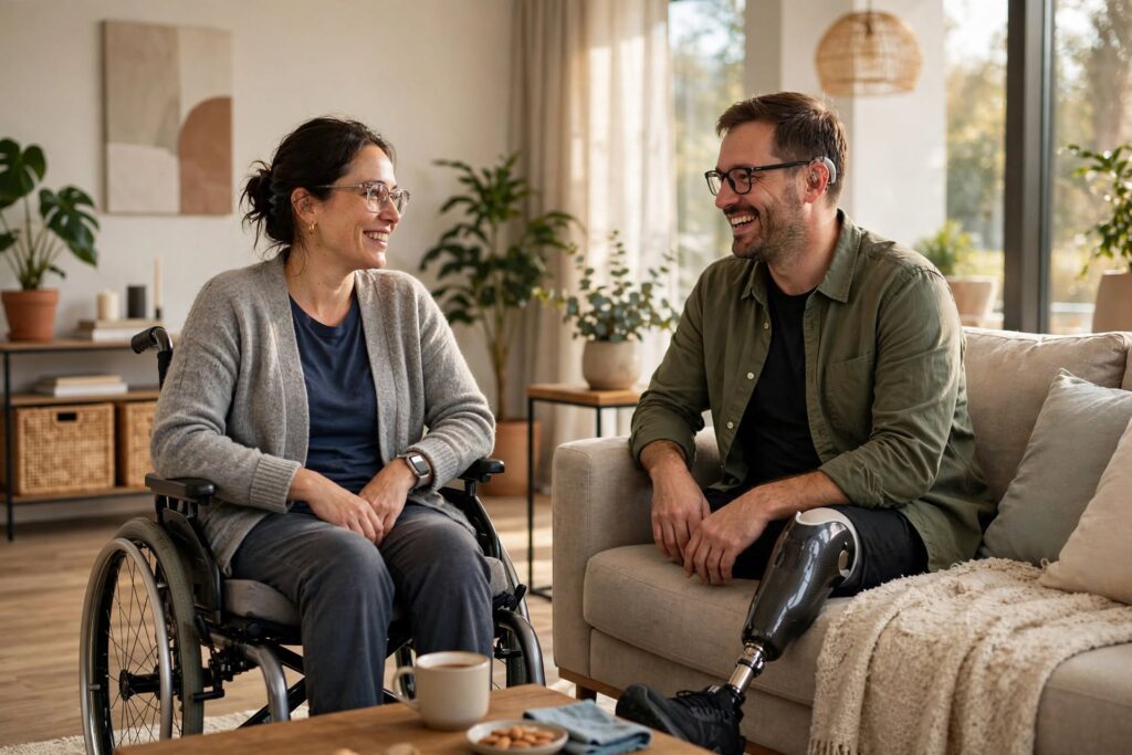 Two people with disabilities enjoying coffee together in a modern home