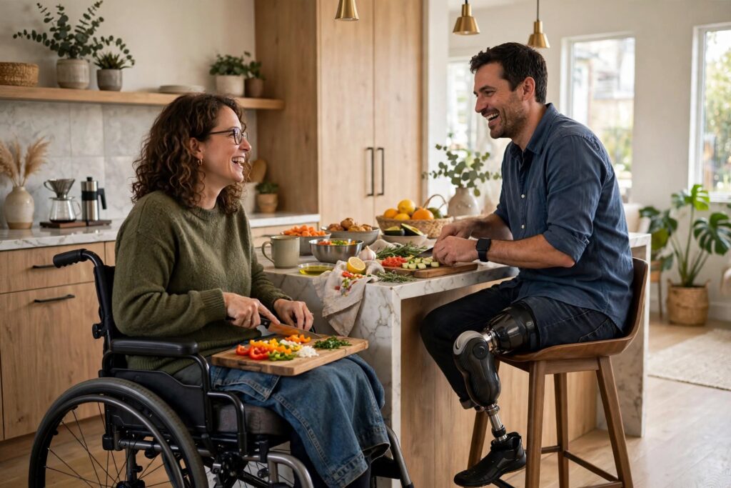 Two people with disabilities preparing food together in a happy home environment