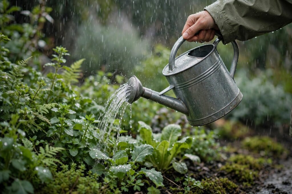 Person watering plants with a watering can in the rain